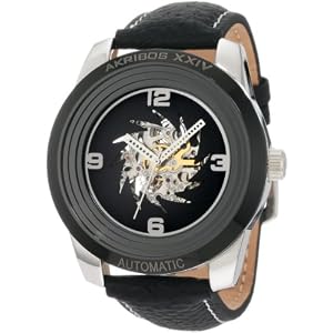 Akribos XXIV AK448SS Shutter Round Stainless Black Calfskin Band Skeleton Men'sWatch