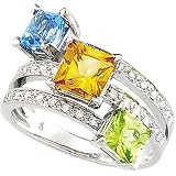 14K White Gold Citrine, Swiss Blue Topaz, Peridot and Diamond Ring