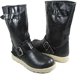 Cute! Black Mid-calf Biker Boots Double Straps Buckles