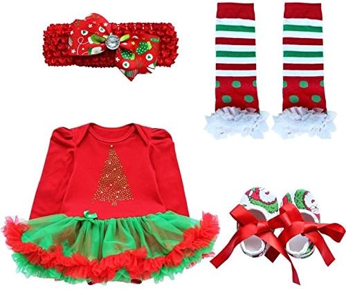 SSCUN 4PCS Baby Girls Christmas Romper Tutu Dress+Legging+Headband+Shoes Outfits 0-9 Months Red 6-9m