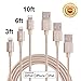 Bestfy 3Pack 3FT 6FT 10FT 3IN1 Extra Long Nylon Braided 8Pin to USB Charging Cable Cord with Aluminum Heads for iPhone 6/6s/6 Plus/5/5c/5s, iPad 4 Mini Air iPod Nano 7 iPod Touch 5 (Golden)