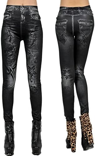Women Sexy Jeggings Skull Print Stretch Skinny Tights Tattoo Legging Pants (Black)