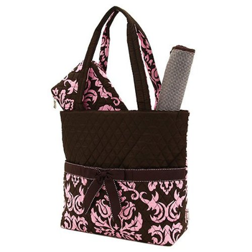 Belvah Quilted Damask 3pc Diaper Bag (Brown Pink)