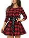 Allegra K Women's Christmas Plaid Dress Long Sleeve Button Down Belted Mini Shirtdress X-Small Red