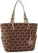 Michael Kors Signature / Monogram Jet Set Tote; Side Pockets - Beige / Ebony / Gold