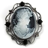 Vintage Filigree Diamante Cameo Brooch (Gun Metal Tone)