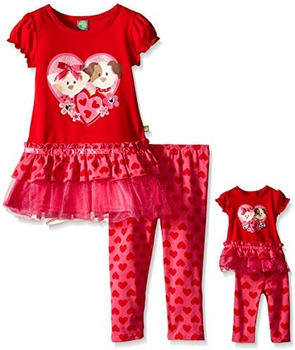 Dollie & Me Girls' Knit to Woven Hearts and Puppies Dress with Legging Set