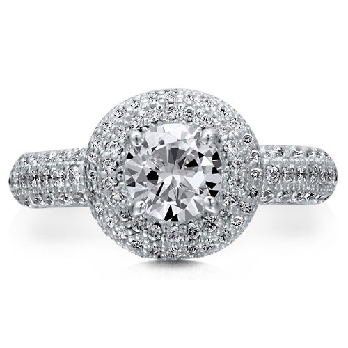 Sterling Silver 925 Clear Round Cubic Zirconia CZ Micro Pave Halo Ring - Women's Fashion Right Hand Ring
