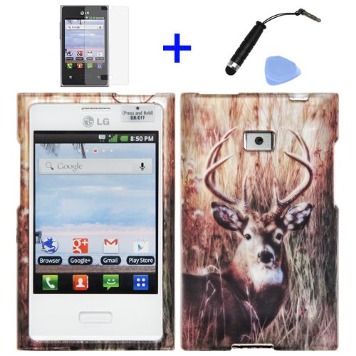 4 items Combo: Mini Stylus Pen + LCD Screen Protector Film + Case Opener + Outdoor Wild Deer Grass Camouflage Design Rubberized Snap on Hard Shell Cover Faceplate Skin Phone Case for Straight Talk LG Optimus Logic L35G/ /Net 10 LG Dynamic L38c