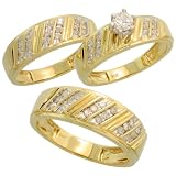 14k Gold Trio 3-Piece His (7.5mm) & Hers (6mm; 6mm) Wedding Band Set, w/ 0.75 Carat Brilliant Cut Diamonds; (Men's size 9 to 12; Ladies' size 5.5 to 8.5)