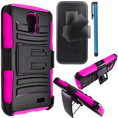 LG L31G / LG Access LTE Case Combo by ICE-CLEAR(TM)-HERCULES Dual- Layer Hard/Gel Hybrid Kickstand Armor Case w/ Holster (Black/Pink)+Touch Screen Stylus
