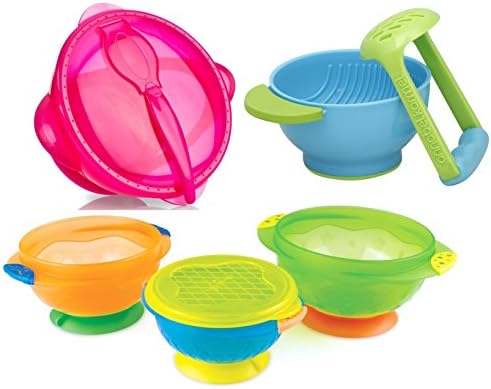 Nuby Suction Bowl with Spoon and Lid + Feeding and Mash & Serve Bowls, Pink