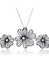 Nickel Free Sterling Silver Pendant & Earring Sets Black And Clear Flower Set