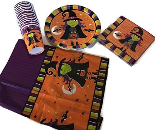 Halloween Theme Spooky witch brew party supplies bundle for 14 people. The scary witch set includes: 18 paper plates, 14 paper cups, 18 Paper Napkins, Rectangle Plastic Table cover.