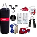 Canvas Punch Bags Set 3 feet with Free Chrome Plated chain, Bag Mitts, Heavy dute Metal Ceiling Hook, Nylon Skipping Rope Blue, Boxing Glove UK Flagged Miniature and novelty, Boxing Gloves Key Chain Red and Red Hand Wraps
