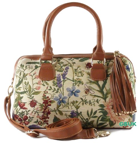 Tapestry Ladies Tassle HandBag & Cross body/Shoulder Bag (Wild Flower) - Gobelin Style