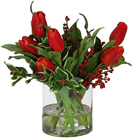 Jane Seymour Botanicals 15 in. Tulips and Holly with Glass Cylinder Silk Flower Arrangement