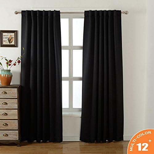AMAZLINEN Sleep Well Blackout Curtains Toxic Free Energy Smart Thermal Insulated,52 W X 84 L Inch,Back Tab/Rod Pocket,Set Of 2 Panels With Bonus Tie Back,13 Stylish Colors(Black)