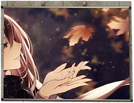 Canvas Wall Scroll Poster (32x20 inches)-Anime Girl Long Hair Brown Hair Brown Eyes Leaf Scarf Fall Smile_681355