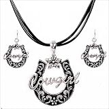 Parure Bijoux Cowgirl western Rodeo Oklahoma - Metal argente - Collier cuir #030201