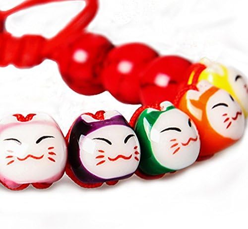 RuiLida Handmade Womens 9 Lucky Cat Charm Ceramic Beads And Pine Stone Bracelets Adjustable (Red)