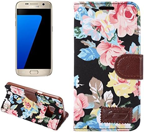 Galaxy S7 Case, SAUS [Flower Series] [Kickstand Feature] Fashion Design Dual-Use Flip PU leather Fold Wallet case Cover with Card slot and Magnetic Closure For Samsung Galaxy S7 (Black)