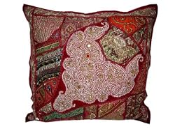 Ethnic Indian Vintage Sari Burgundy Beaded Floor Pillows Cover 24"