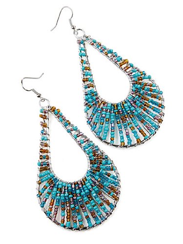 Teal & Brown Seed Beaded Tear Drop Earrings Fashion Jewelry