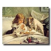 Little Girl Praying In Bed Breakfast Dog And Cat Religious Picture Art Print