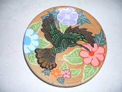 Small Panamanian Clay Saucer with Hummingbird and Flowers Hand-painted, 5.75 Inches in Diameter
