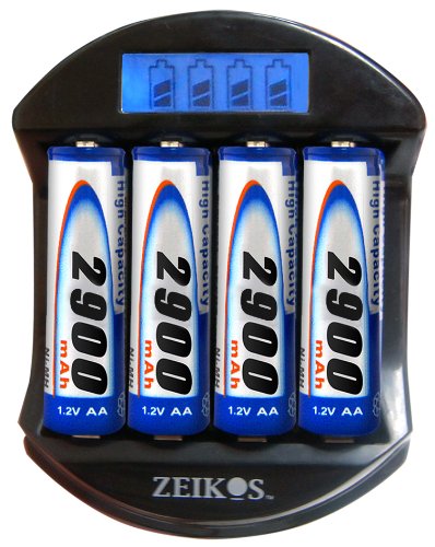 Zeikos ZE-DCQ3950 Rapid 1 Hour LCD AA/AAA Battery Charger with 4 AA 2900mAh Batteries Included (Black)