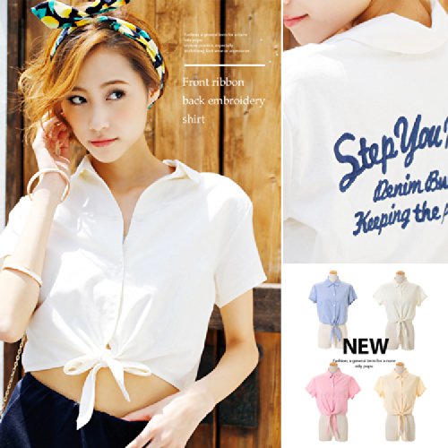 BACK刺繍メッセージ入り前結びショート丈シャツ レディース 長袖 tシャツ ゆったり uv