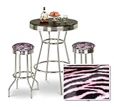 Chrome Bar Table & 2 Chrome Finish Pink Zebra Faux Fur Fabric Seat Barstool ....