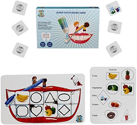 Super tooth educational and learning board game for 3 year olds to age 7. Teaching shape recognition, matching and memory skills, food categories, link with early learning goals.