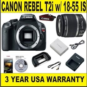Canon Rebel T2i 18 MP Body (Supplied Manufacturer Accessories) w/ Canon 18-55 IS Lens + 3 Year Warranty