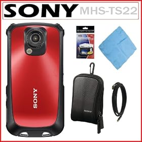 Sony MHS-TS22 Bloggie Sport 4GB Flash Memory HD Waterproof Camera with 4x Digital Zoom and 2.7-inch LCD in Red + Sony Case + Mini HDMI Cable + Screen Protectors + Cleaning Cloth