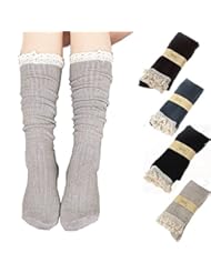 Apparel: 4 Pairs Women Girls Lace Trim Cotton Knit Footed Leg Boot Knee High Stocking