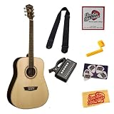 Washburn WD20S Dreadnought Acoustic Guitar Bundle with Tuner, Strap, Strings, String Winder, Pick Card, and Polishing Cloth - Natural