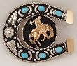 German Silver Bronco & Horseshoe Belt Buckle w/ Turquoise, 3-1/4" x 2-3/4"