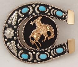 German Silver Bronco & Horseshoe Belt Buckle w/ Turquoise, 3-1/4" x 2-3/4"