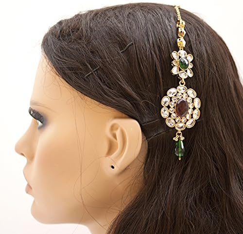 Big Indian Maang Tika Hair Ornament with Kundan Stone and Red Green Glass Stone Ethnic Bollywood Jewelry