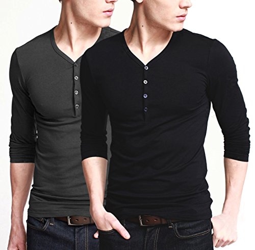 Ilovesia mens henley t-shirts long sleeve slim fit black+gray siz…