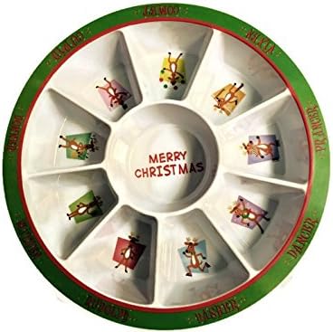 10 section Merry Christmas Holiday Appetizer Serving Platter Dish Tray Divided Plate with Dip Center 12" Diameter x 2" High