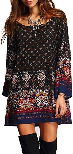 Oyanus Womens Bohemian Ethnic Style Tribal Print Bell Sleeve Loose Causal Dress L