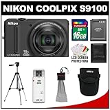 Nikon Coolpix S9100 12.1 MP Digital Camera (Black) with 16GB Card + Battery ....