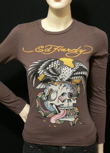 Ed Hardy Women Lady langarm T-Shirt Battle choco Gr. S