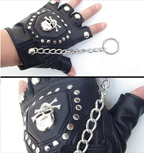 ORVR Korea Style Fingerless Rivet Punk Chain Leather Gloves Black