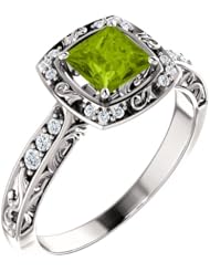 18K White Gold 5.00x5.00mm Princess Cut Peridot and Diamond Ring -- LIFETIME WARRANTY
