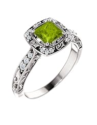 Platinum 5.00x5.00mm Princess Cut Peridot and Diamond Ring -- LIFETIME WARRANTY