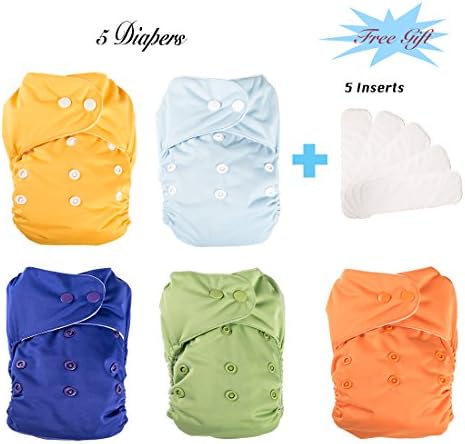 Reusable Baby Cloth Pocket Diapers, 5 pcs + 5 Inserts
